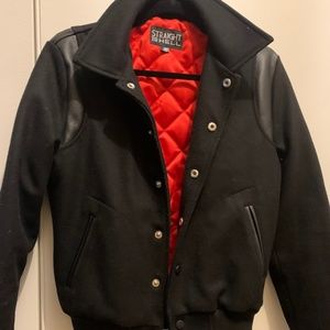 Straight to Hell Black on Black Varsity Jacket with red satin lining